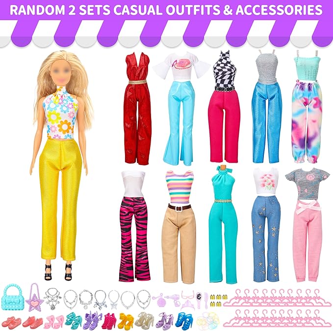 Style Shine 90 Pcs Doll Clothes and Accessories,2 Wedding Gowns 2 Evening Dresses 6 Fashion Dresses 4 Set Casual Outfit Top and Pant 2 Swimsuit,20 Hanger 10 Shoe 41 Accessories Toys for Girls Kid Gift