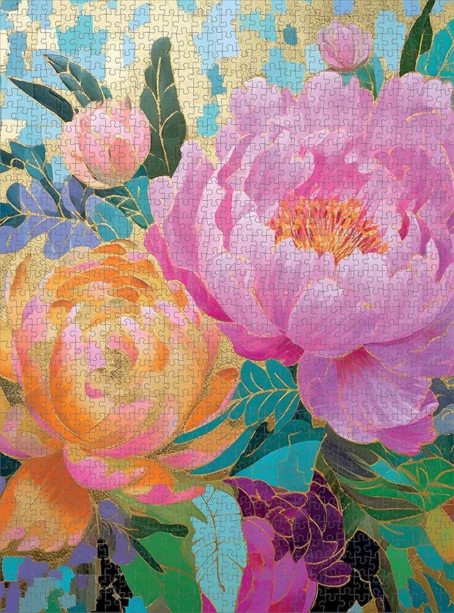 Cross & Glory - Golden Peony Dreams - 1000 Piece Jigsaw Puzzle for Adults | Vibrant Mosaic-Inspired Artwork with Gold Leaf Details | Premium Quality