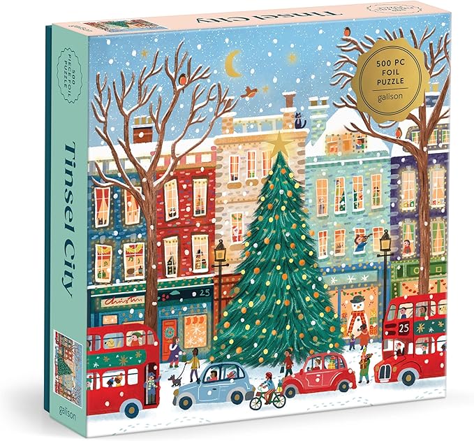 Galison Tinsel City – 500 Piece Foil Jigsaw Puzzle Featuring Charming Artwork of Decorated Christmas Tinsel City Streets