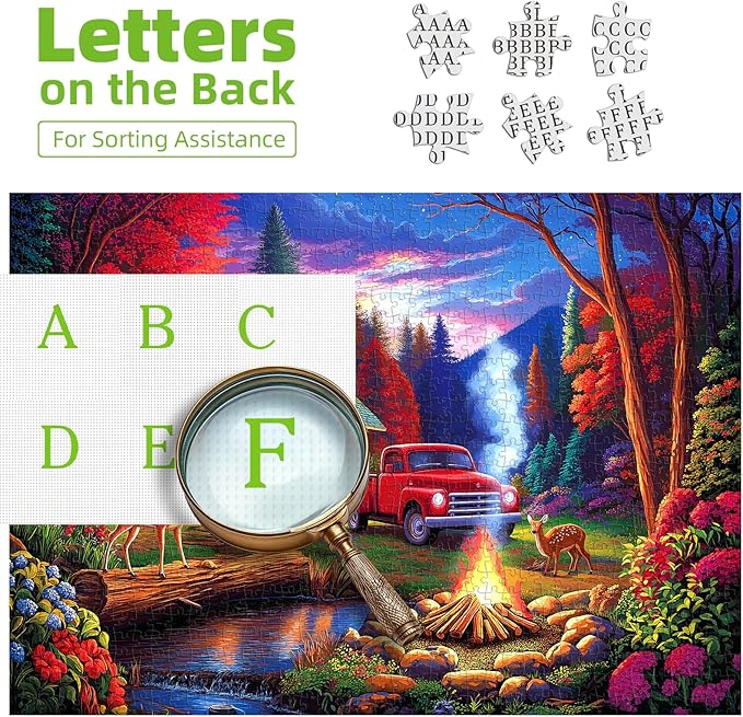 1000 Piece Jigsaw Puzzle for Adults, Rustic Camping Scene with Log Cabin, Vintage Red Truck, Deer & Campfire, Colorful Forest Dusk Landscape, Premium Quality Puzzle for Family Fun
