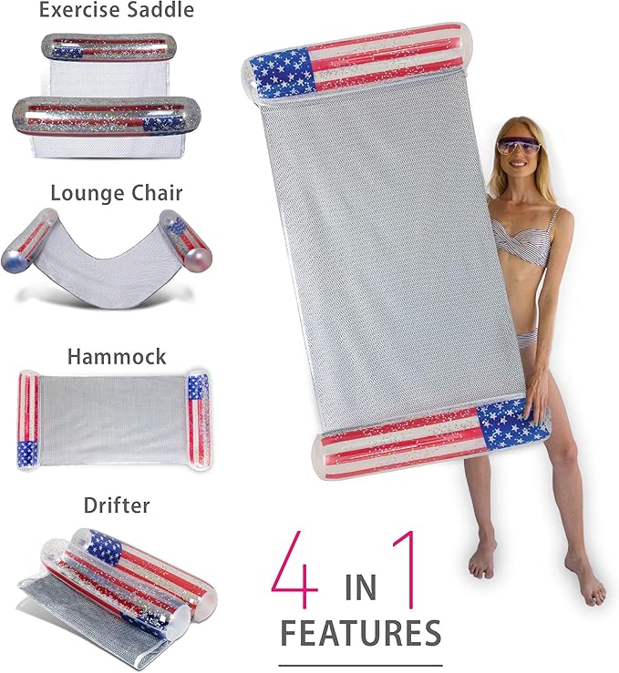 POZA Inflatable USA Pool Float - Luxurious Fun Lounger Filled with Sparkle Silver Stars Confetti, Cool USA Flag Design Water Swimming Pool Floaties for Beach, Lake & Pool