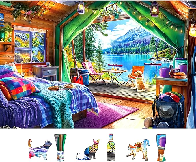 500 Piece Jigsaw Puzzles for Adults Lake View Cabin Camping with Dog Difficult Challenging Puzzles for Adults 500 Pieces for Family Fun Party Game Gifts Decoration (23 x 15 Inch)