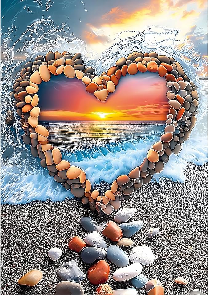 MINIWAN 1000 Piece Puzzle for Adults, Heart Shaped Stone Beach Sunset Jigsaw Puzzle, Impossible Difficult Hard Fun Puzzles for Adults, 27.5x19.7 in Romantic Art Puzzles for Home Decor & Stress Relief