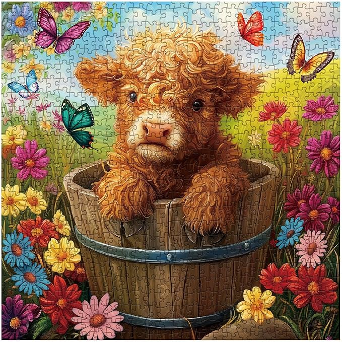 Highland Cow Sunflower Puzzle 1000 Piece for Adults, Colorful Flower Butterfly Jigsaw Puzzle, Animal Floral Scenery Puzzles