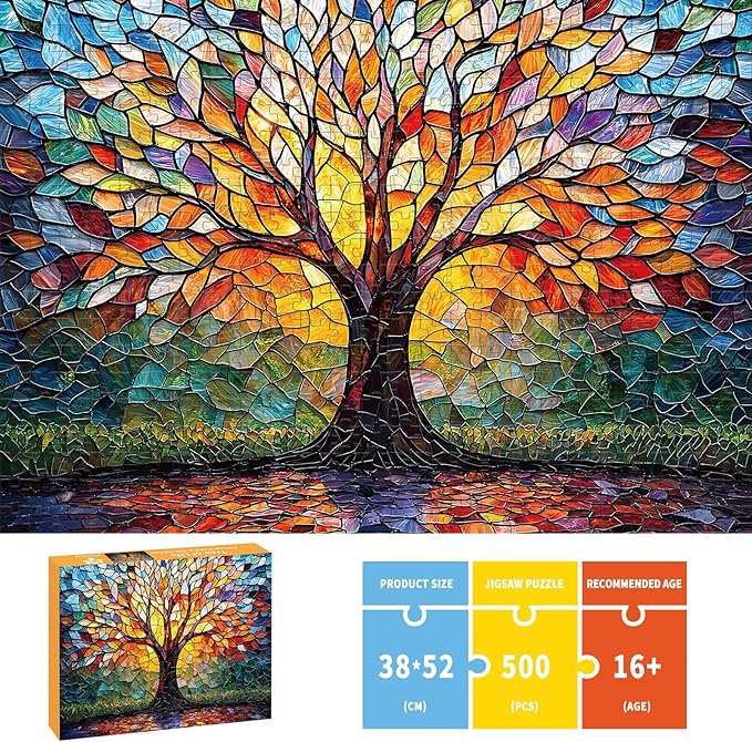 Puzzles for Adults 500 Pieces, Stained Glass Jigsaw Puzzles - Tree of Life, Impossible Tree Puzzle, Finished Size 20.47 * 14.96”, with 1:1 Poster, Letter on The Back
