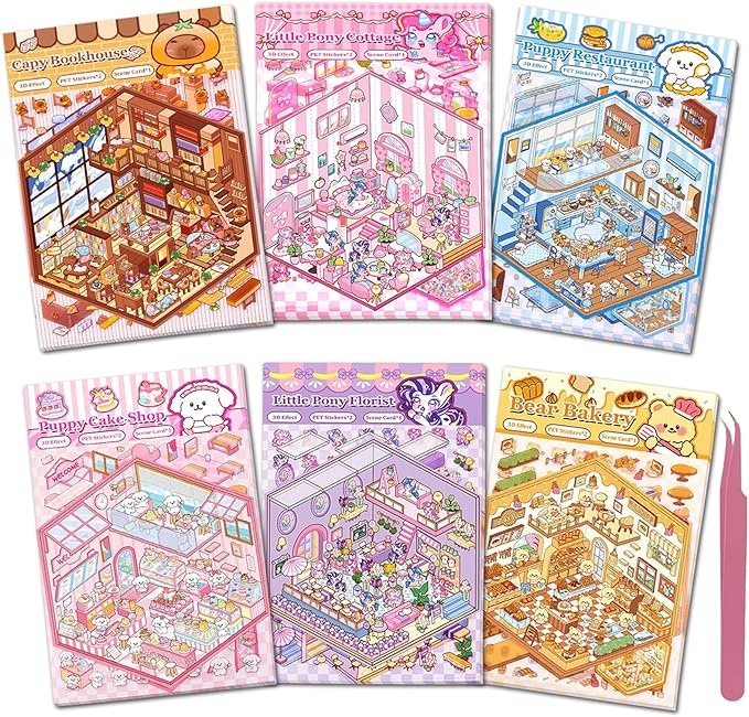 DIY 3D Sticker Scenes for Girls, 6 Sets Make Your Own Scene Stickers for Kids, Cute Kawaii Scene Stickers, Therapy Stickers for Stress Relief, Holiday Christmas Activity, Easter Basket Stuffers