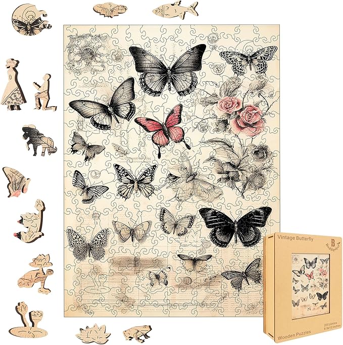 Bodhipnjoy Wooden Butterfly Puzzles for Adults, Vintage Butterfly Flower Jigsaw Puzzle 200 Pieces, Unique Shaped Plants Puzzles for Kids, Puzzles Family Game Gift 8.9 * 12 in