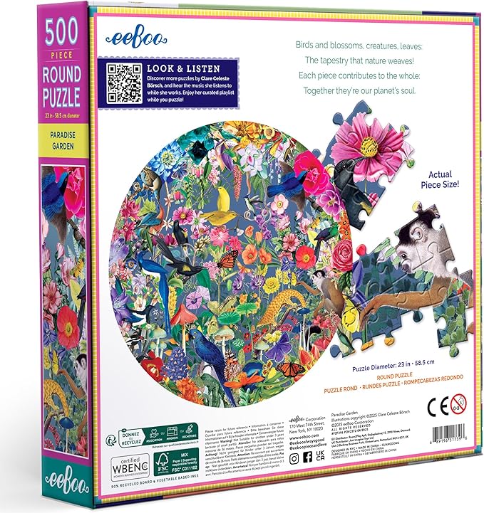eeBoo 500 Piece Puzzle - Paradise Garden Jigsaw Puzzle for Adults, Circular with 23" Diameter Made with Recycled Board & Vegetable-Based Ink