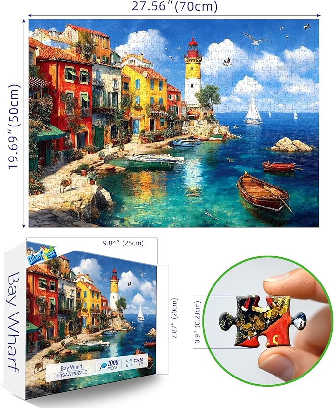 Summer Colorful Coastal Village 1000 Piece Puzzle for Adults, Fun Puzzles for Adults 1000 Pieces with HD Print & Poster, 27.5 * 19.7 in Dust Free, for Gifts Halloween Christmas Family Games Lovers