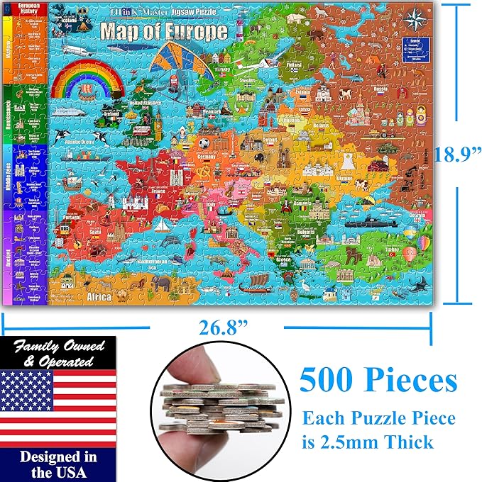 Think2Master Colorful Map of Europe 500 Pieces Jigsaw Puzzle with Very Large Pieces for 13+, Adults & Seniors. Great Gift for Interest in The European Map. Size: 26.8” X 18.9”