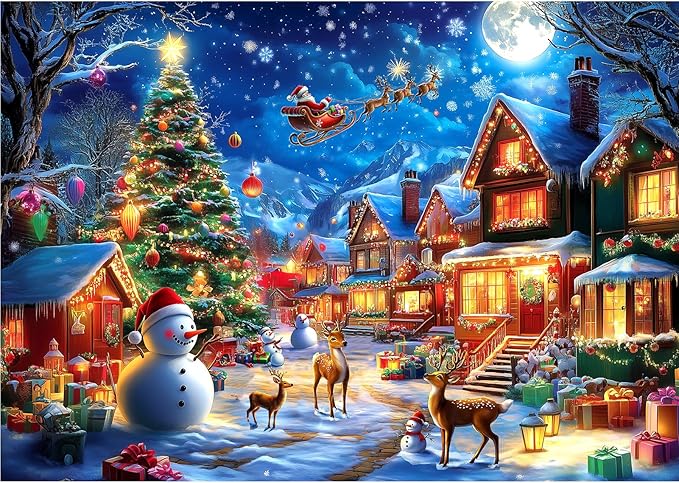 Puzzles for Adults 1000 Pieces Christmas Village Jigsaw Puzzle Snowmen and Reindeer Festive Holiday Scene with Letters on Back No Dust for Holiday Party Family Fun Decor (27.5 x 19.7 inch)