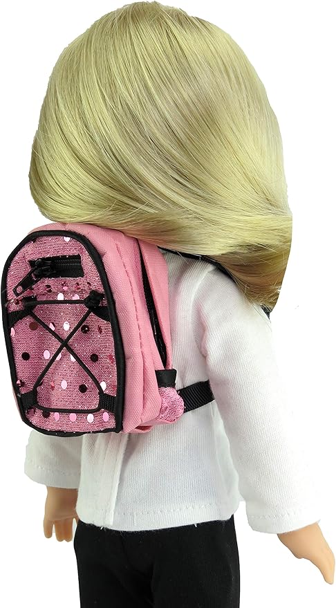 American Fashion World Doll Pink Sequin School Backpack for 14-Inch Dolls | Premium Quality & Trendy Design | Dolls Accessories | Perfect Fit for Popular Brands