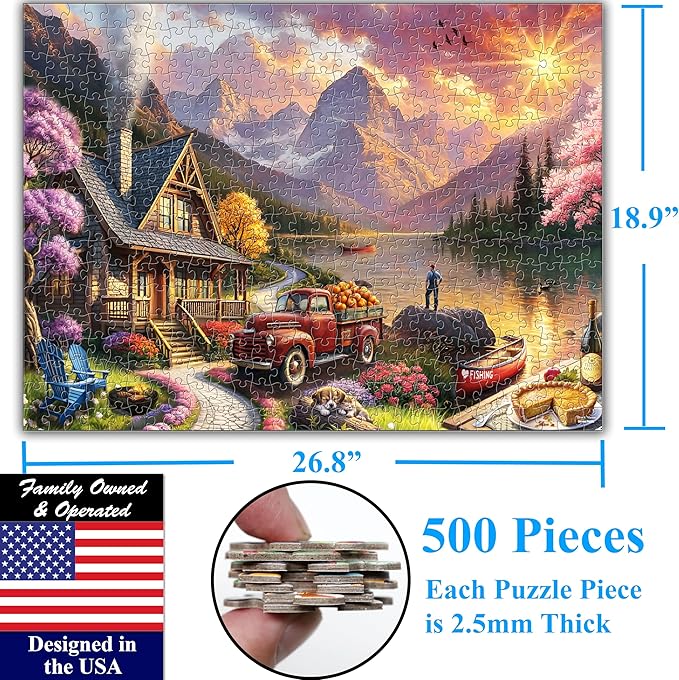 Think2Master Lakeside Mountain Retreat 500 Pieces Large Format Jigsaw Puzzle: 13+, Teens, Adults & Families. Escape to a World of Tranquility and Rustic Charm. Great Gift. Size: 26.8” X 18.9”