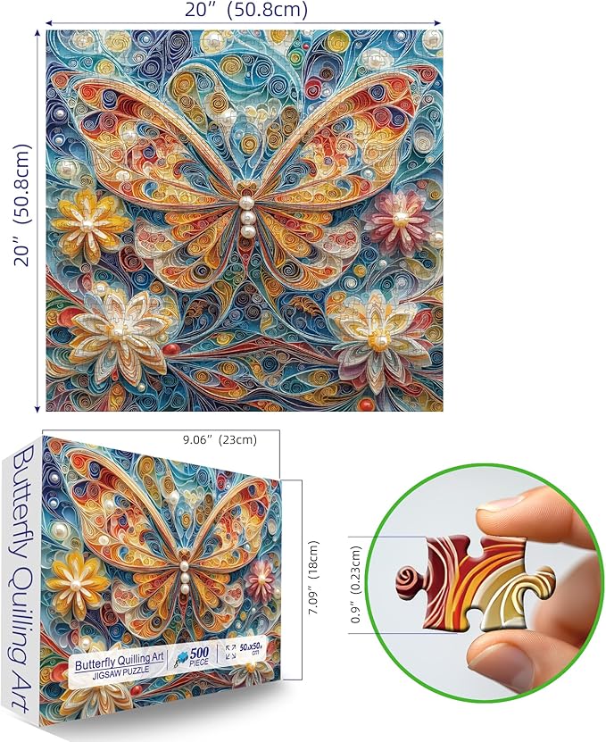 MINIWAN 500 Piece Puzzles for Adults - Quilling Art Butterfly Jigsaw Puzzle, 20x20 Inches Vibrant Floral Large Piece Art Puzzle for Relaxation & Home Decor