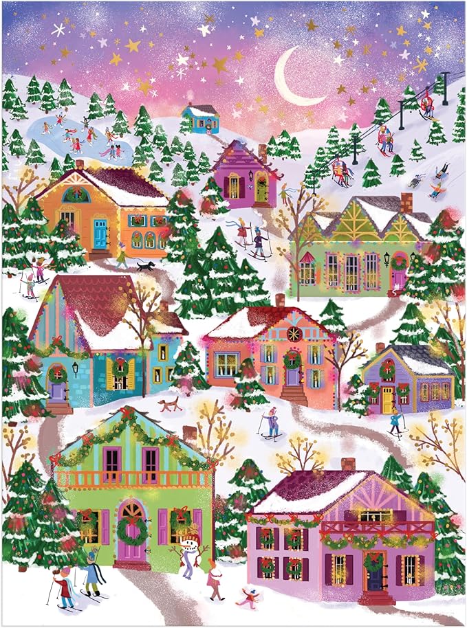 Galison Snowcap Village – 1000 Piece Foil Joy Laforme Jigsaw Puzzle Featuring Beautiful Artwork of Snowcapped Village During Christmas