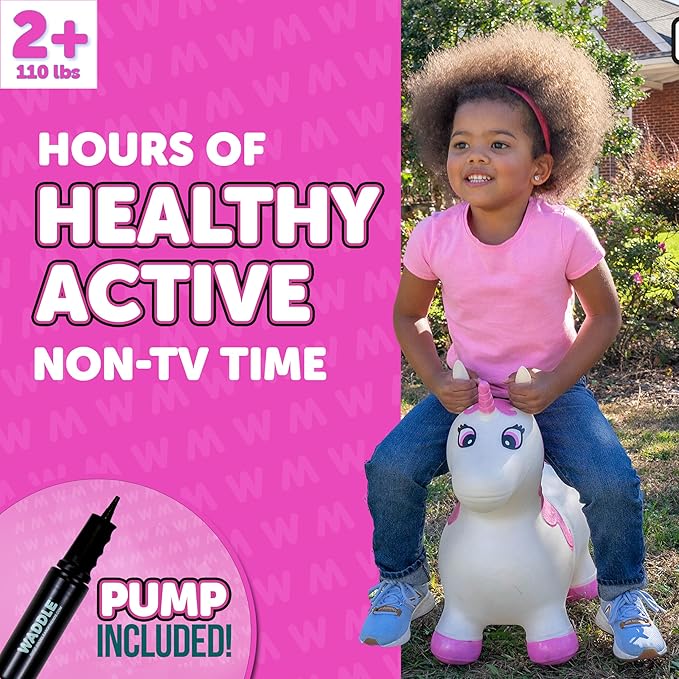 Waddle Bouncy Animal Hopper - Inflatable Hopping Animals, Indoors and Outdoors Fun, Pump Included, Riding Toys for Boys and Girls Ages 2 Years and Up, White Pink Unicorn