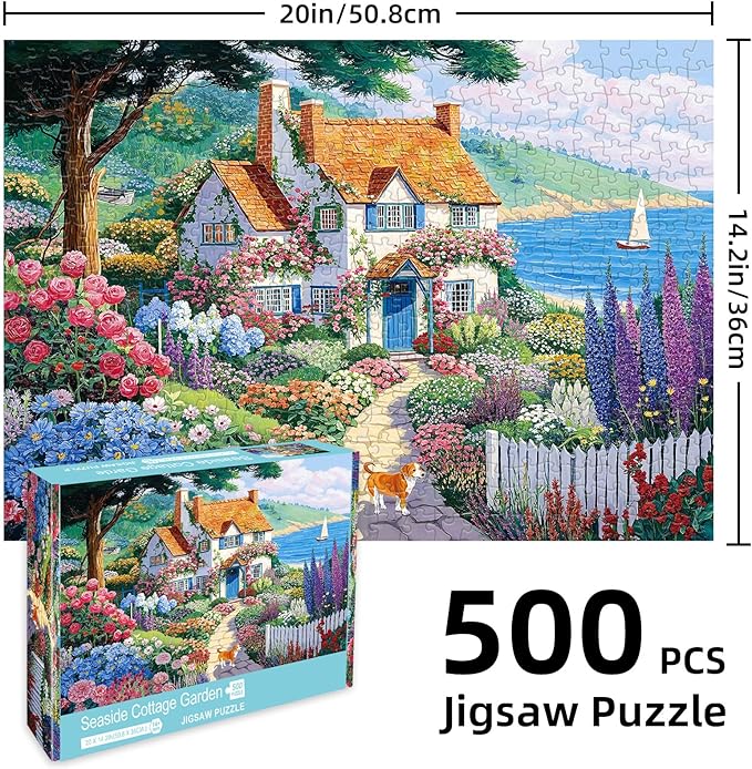 Seaside Cottage Garden Puzzle 500 Pieces - Adult Jigsaw Puzzle, Beach Ocean Theme, Premium Quality Home Decor Art