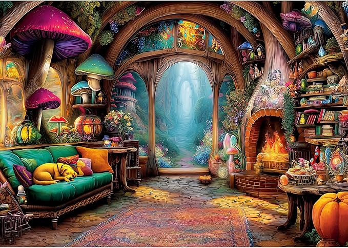 MINIWAN Fantasy Mushroom Cottage Living Room Puzzles for Adults 1000 Pieces, Cozy Enchanted Fairy Cabin with Sleeping Dog Jigsaw Puzzle, Gift for Fairy Tale Lovers 27.5x19.7 Inches