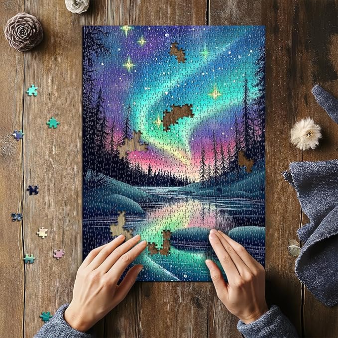 Magic Northern Lights Puzzles for Adults 1000 Pieces, Nature Fantasy Landscape Puzzle Tree Star, Starry Night Puzzles Galaxy, Challenging Scenery Jigsaw Puzzles Aurora Light