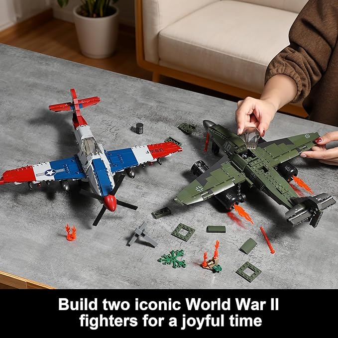 WW2 Military Airplane Toy Building Sets Compatible with Lego, Me 262 Fighter Jet & P-51D Plane Army Model Kits for Military Fans, Kids & Adult