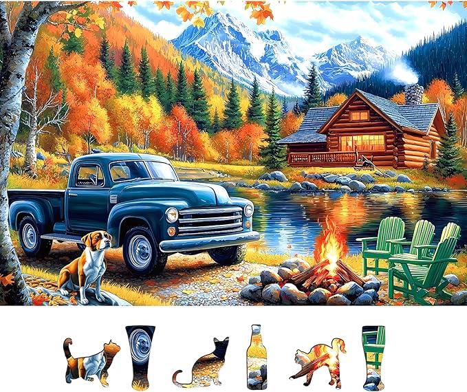 500 Pieces Jigsaw Puzzles for Adults, Mountain Wooden House with Vintage Truck, Campfire & Lake Landscape Puzzles for Party Game Family Decoration Gifts, Finished Size 23" x 15"