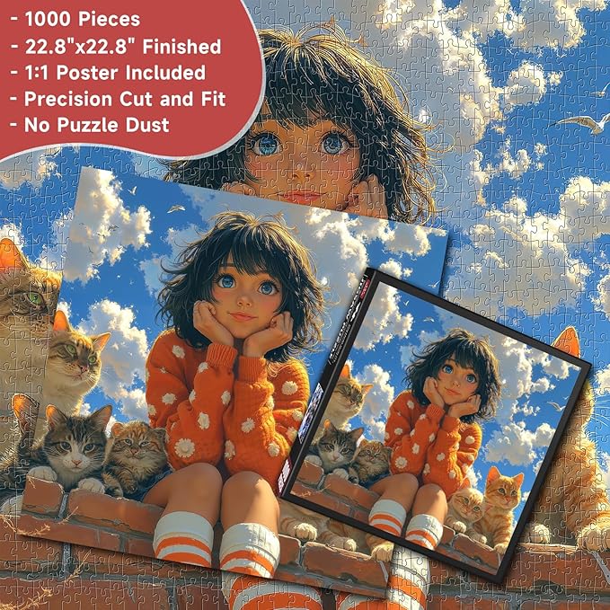 Whimsical Girl & Cats 1000 Piece Jigsaw Puzzle for Adults - Heartwarming Sky Scene with Fluffy Clouds, Poster & Lettered Back, 22.8" Square HD Quality, Unique Gift for Cat Lovers