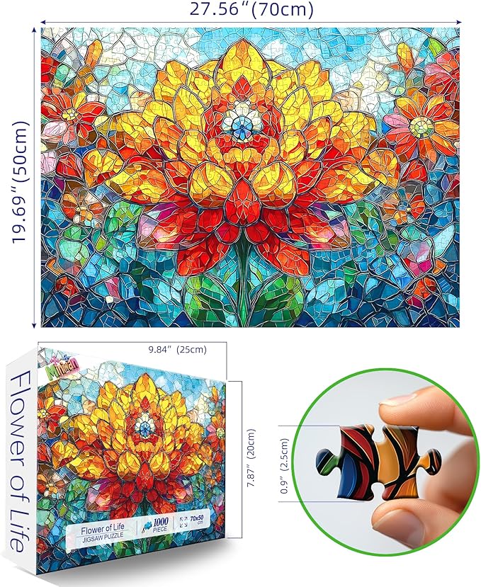 MINIWAN Stained Glass Mosaic Vibrant Giant Dahlia Puzzles for Adults 1000 Pieces, Colorful Mosaic Glass Floral Jigsaw Puzzle, Gift for Flower & Art Lovers 27.5x19.7 Inch