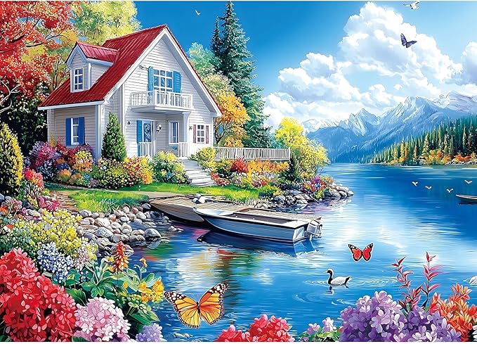1000 Piece Jigsaw Puzzle for Adults, Lakeside Cottage Mountain House Puzzles for Family, Decoration, Gifts, Party Game, Finished Size 27.5" x 19.7"