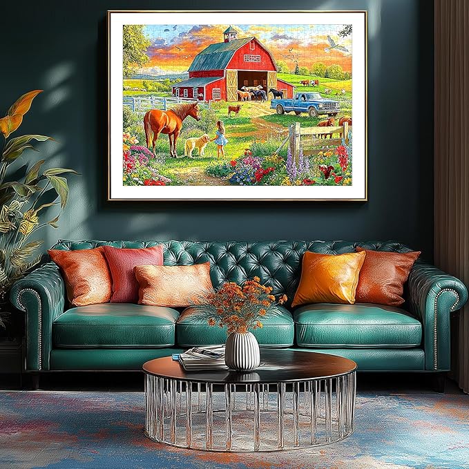 Country Farm Life 500 Piece Adult Jigsaw Puzzle Red Barn & Horse Sunset Countryside Landscape Puzzle with Letters on Back Family Challenge Games Gift for Adults and Seniors(23x15 Inch)
