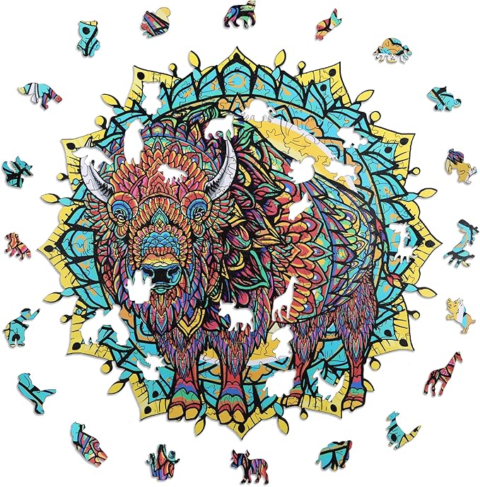 ESTROSO Wooden Puzzles for Adults - American Bison 200 Piece Wood Jigsaw Puzzle - 11.2x10.9 Inches - Giftable Storage Box and Carrying Bag - Unique Puzzles - Custon Art Jigsaw Puzzles