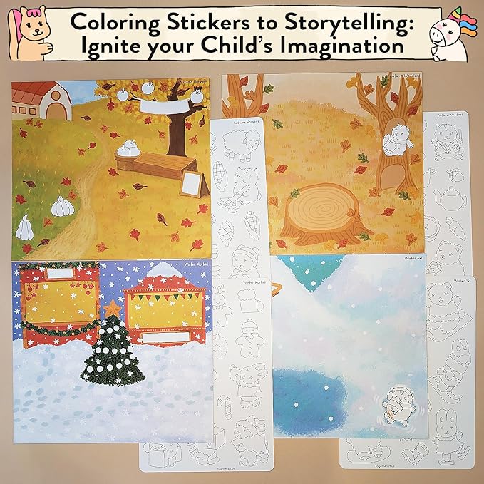 Seasonal Splendor Color Your Own Storytelling Sticker Kit – Coloring Your Own Stickers DIY Set for Kids 4-10 – 8 Hand-Drawn Seasonal Scenes – Designed & Assembled in USA