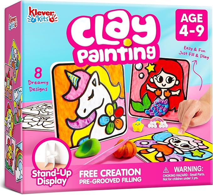 JOVA Klever Kits Air Dry Clay Painting, Air Clay Kit for Kids, 8 Pre-grooved Filling and Original Designed Boards, Easy Play and Non Toxic Material, Arts and Crafts for Kids Age 4-9