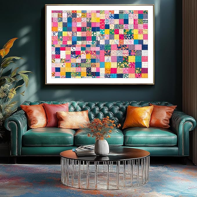 Patchwork Quilt 1000 Piece Puzzle for Adults Colorful Textile Squares Jigsaw Puzzle Floral Patterns Fabric Scraps Unique Adult Puzzles with Letters on Back Puzzles for Game Night (27.6"x19.7")