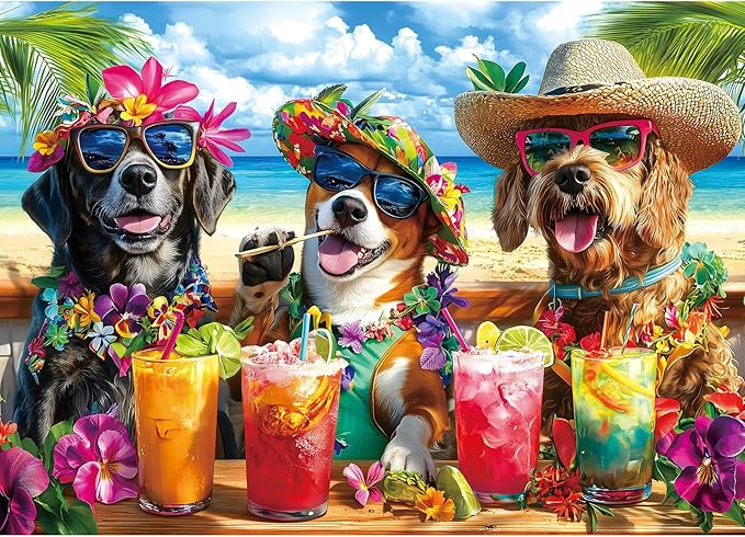 Puzzle 1000 Pieces Adult Tropical Dogs Beach Party Hawaiian Vacation Summer Cocktail Funny Animal Jigsaw Puzzles for Adults Difficult Challenging Family Game Night Gift Decor