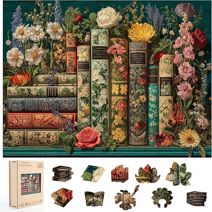 BODHIPNJOY Wooden Puzzles for Adults, Mother's Day Puzzles, Books Jigsaw Puzzles, Wildflowers Book Vintage Unique Plant Art Puzzle Family Challenging Games for Seniors Adults 200 Piece 11.8 * 8.9 in