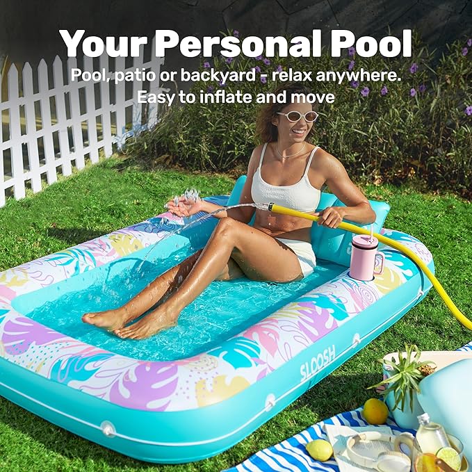 SLOOSH Inflatable Tanning Pool Lounger Float, 70" x 46" Pool Floats Adult with Pillow, 4 in 1 Suntan Tub Raft Floatie,Sunbathing Bed Lounge for Water Blow Up Ball Pit Party Gifts, L-Tropical Blue