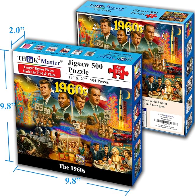 Think2Master 1960s 500 Pieces Very Large Pieces Jigsaw Puzzle: 13+, Teens, Adults & Seniors. Travel Back in Time with The Nostalgic Collage. Great Gift. Size: 26.8” X 18.9”