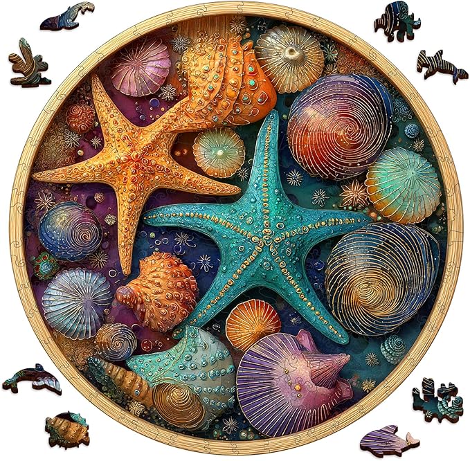 Mocfesk Wooden Puzzles for Adults, Shell Starfish Puzzles 200 Pieces, Unique Shaped Underwater Ocean Jigsaw Puzzles, Birthday Gifts Fun Family Game 11.2'' x 11.2''