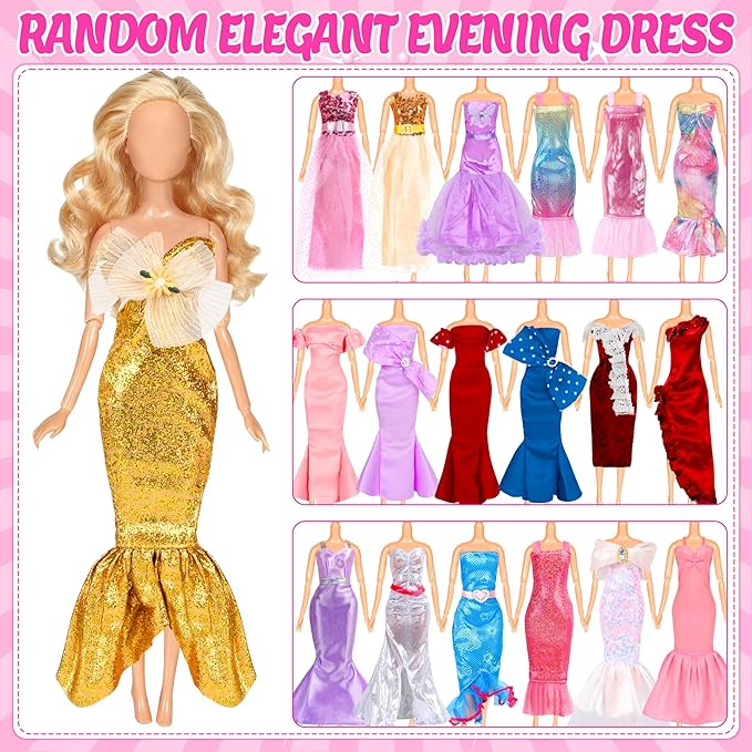 BYMORE 12 Set Doll Clothes Kit, Include Fashion Dresses, Floral Dresses, Sequins Dresses, Evening Party Dresses, Fairy Dresses with Wings, Tops and Pants in Gift Box for 11"-12" Dolls