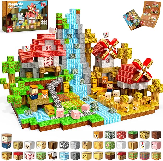 150 PCS Magnetic Blocks - Farm Animals Magnetic Building Blocks, Stacking Magnet Cubes for Kids, Magnetic Construction Toy for Boy Girl, STEM Montessori Sensory Toy for Ages 3-12 Easter Birthday Gift
