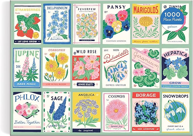 Galison Ever Upward – 1000 Piece Puzzle Fun and Challenging Activity with Bright and Bold Artwork of Vintage Style Flower Seed Packets for Adults and Families