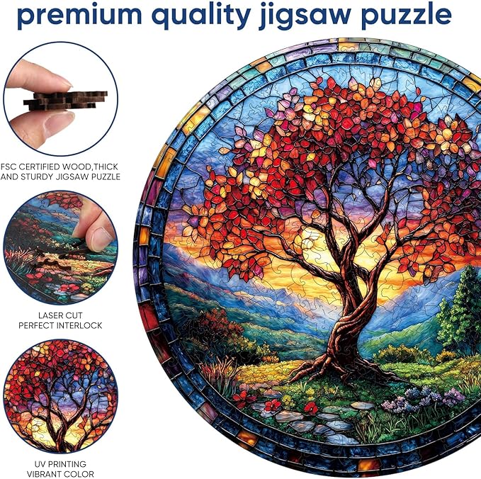 Qiuenisray Wooden Puzzles, Autumn Redwood Tree Jigsaw Puzzles 200 Pieces, FSC Certified Wood Puzzle, Beautiful Wall Decor, Unique Shape Adult Puzzle Pieces, Creative Gift for Family Game 11.2x11.2 in