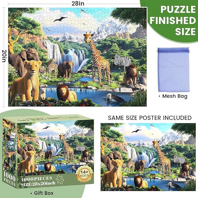 1000 Pieces Puzzles for Adults,Animal World Jigsaw Puzzles 1000 Pieces Lions Elephants Giraffe Animals Puzzles Games Unique Cool Puzzles Family Activity Great Gift for Family Friends 28x20 in