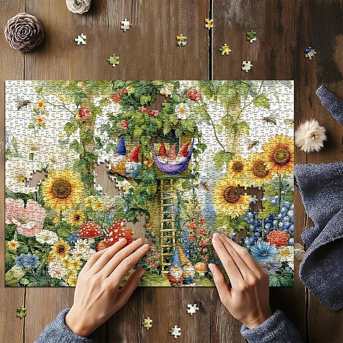 Garden Gnomes Puzzles for Adults 1000 Pieces, Sunflower Plant Bee Themed Jigsaw Puzzles, Nature Treehouse Puzzle with Flower, Funny Gnomes Floral Mushroom Wall Art