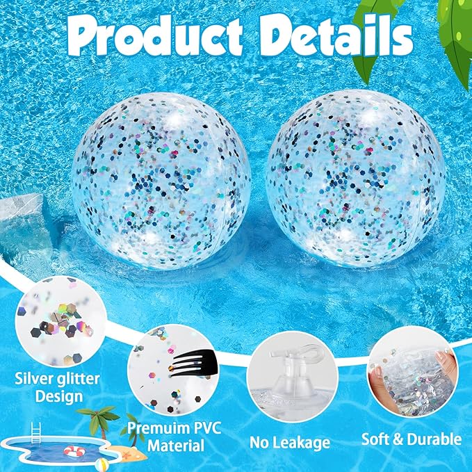 12 Pack Silver Glitter Beach Balls 16" Large Inflatable Sparkly Confetti Pool Balls Glitter Pool Toys PVC Jumbo Sport Ball for Birthday Hawaiian Wedding Christmas Happy New Year Party Favor