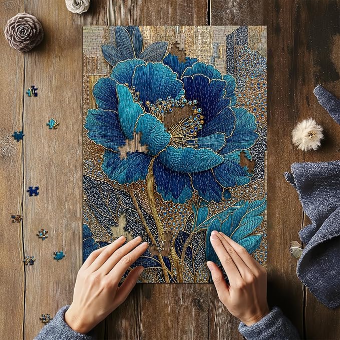 Blue Flower Puzzles for Adults 1000 Pieces, Beautiful Vintage Elegant Floral Jigsaw Puzzles, Diamond Aesthetic Art Plant Theme Puzzle Challenge for Adults Artistic