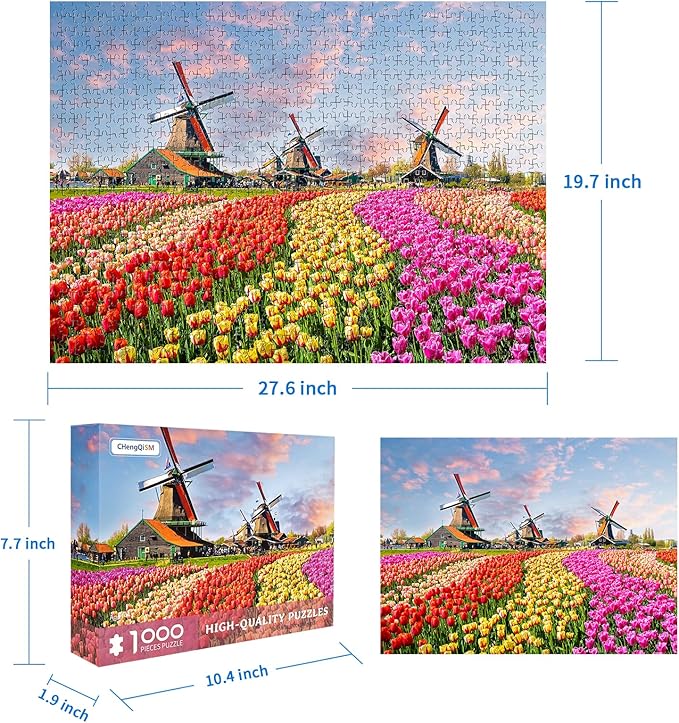 Jigsaw Puzzles 1000 Pieces for Adults Holland Tulip Fields 1000 Piece Puzzle Dutch Windmill Puzzle 1000 Pieces Tulips Flowers Puzzles Holland Landscape Puzzle Flower Jigsaw Puzzles for Adults Teens