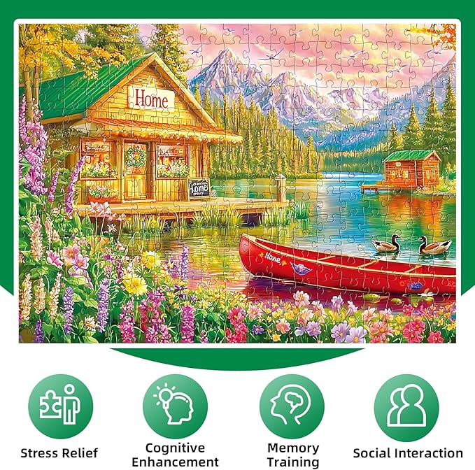 300 Pieces Puzzles for Adults,Lakeside House & Red Boat Puzzle,300 Pieces Puzzle for Seniors Large Piece,Mountains Jigsaw Puzzles for Kids Ages 8-10,Challenging Family Games, 20.5 x 15 in