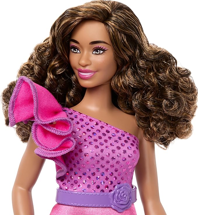 Barbie Fashionistas Doll #225, Curvy Body Type with Brown Hair, Pink Sparkly Dress & Accessories, 65th Anniversary Collectible Toy