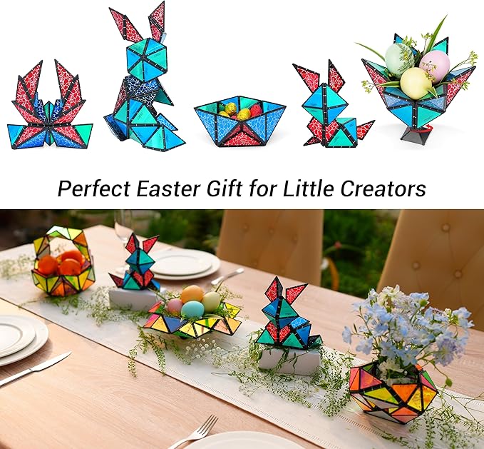 TOSY Magnet Pyramid Stone - 1 Cube Transforms into 1 Billion Shapes (Bunny, Egg, Flowers, Heart), Easter Basket Stuffers Gift, 12 pcs, 243 Magnets, Holographic Design, Puzzle/STEM Toy, 4-Pack